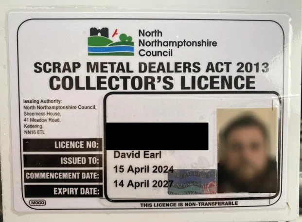 Collector's licence for scrap metal dealers issued by North Northamptonshire Council.