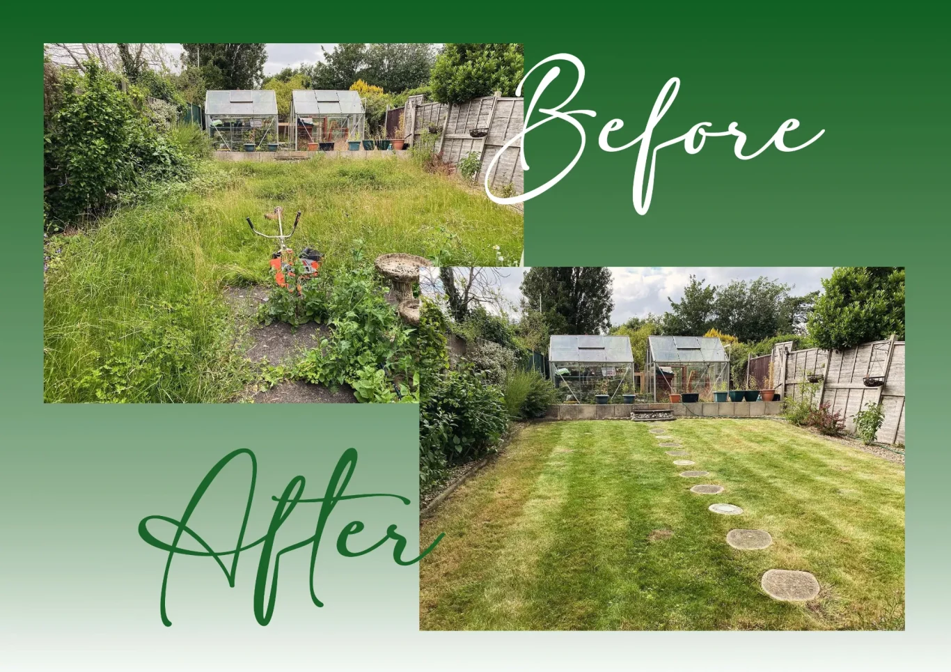 Grounds Clearance Northamptonshire A garden transformation showcasing overgrown grass on the left and a neatly cut lawn on the right.