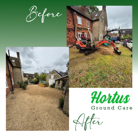 Garden transformation showing a before and after with landscaping and machinery.