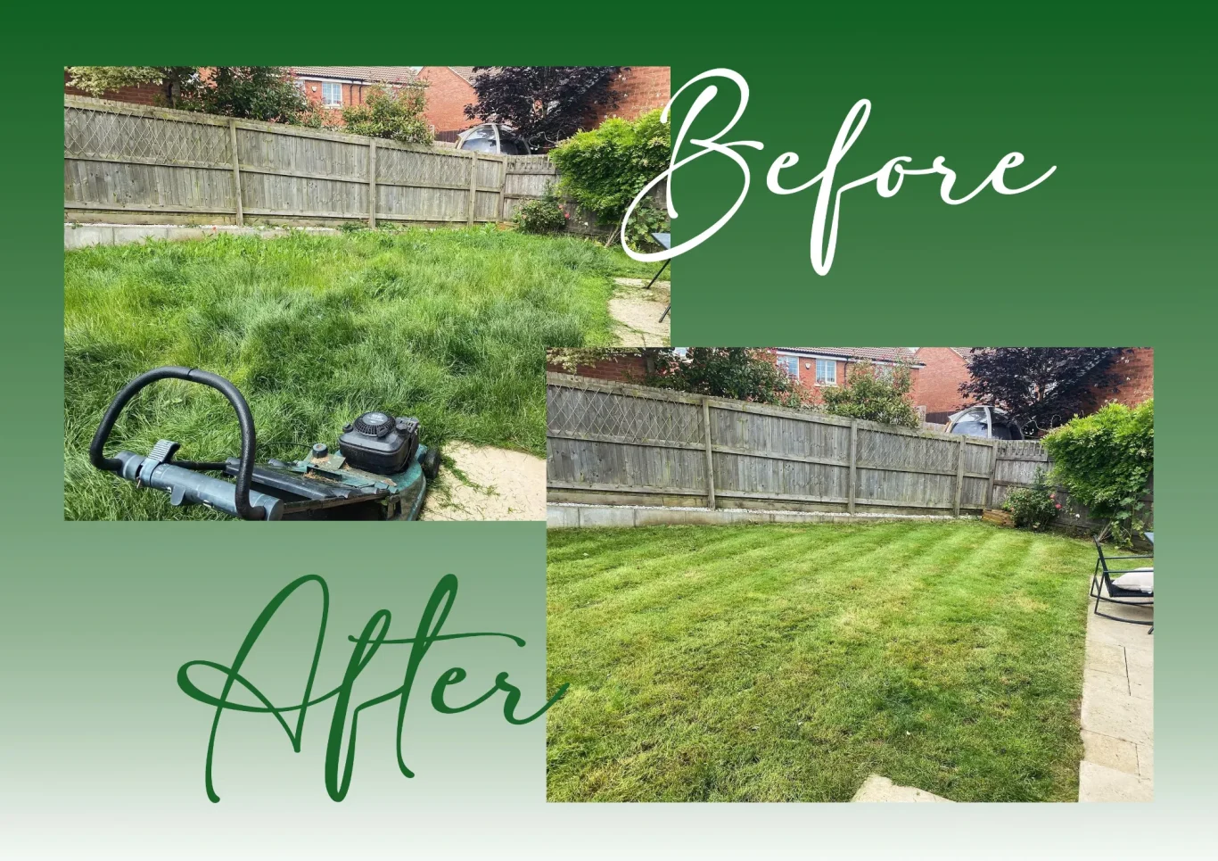 Grounds Clearance Northants Before and after comparison of a lawn, showcasing overgrown grass next to freshly mowed grass.