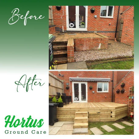 Before and after images of a garden transformation featuring new decking and steps.