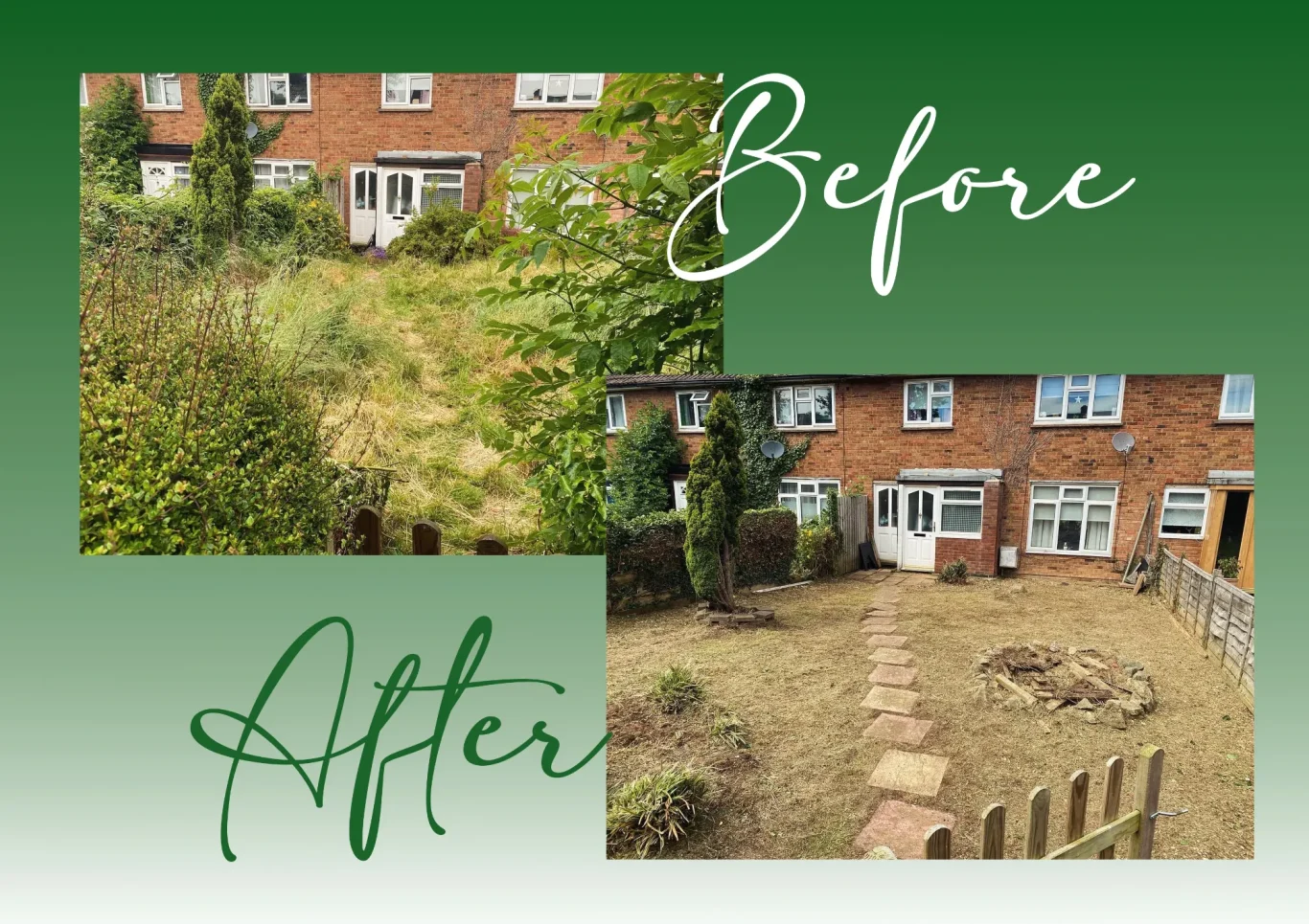 Garden Clearance Northamptonshire Before and after photos of a garden renovation, showing cleared and landscaped areas.