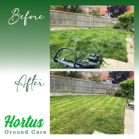 Before and after images of a lawn, showcasing overgrown grass and a neatly trimmed yard.
