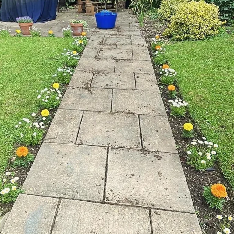 A paving slab pathway which has had the weeds removed from the gaps, with small flower borders either side.